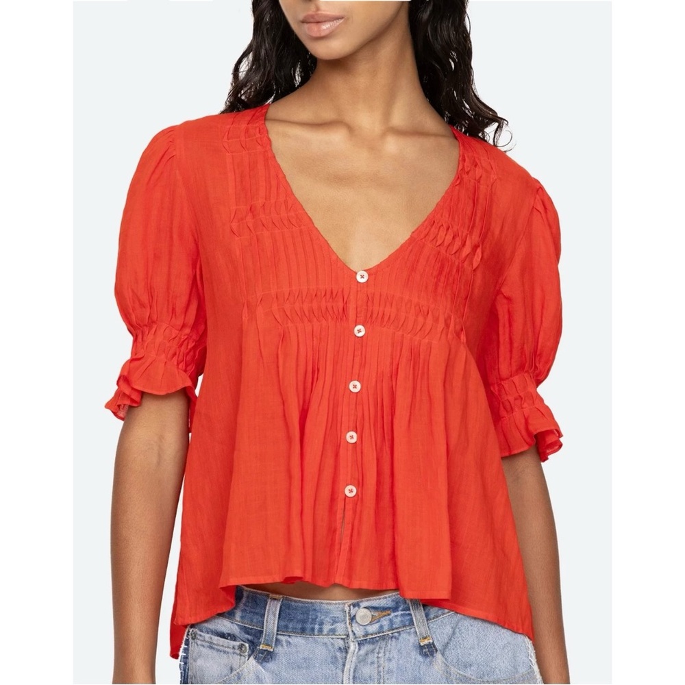 NWT Sea New York Zora Chili Orange Puff Sleeve V-Neck Blouse Button Down Top